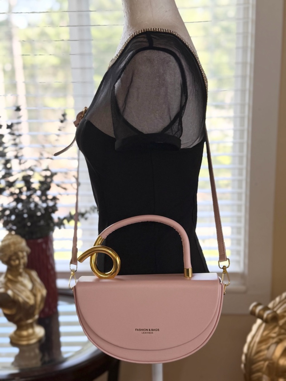 Blush Pink  Moon Shape Leather Crossbody Satchel with Gold Knot Accent